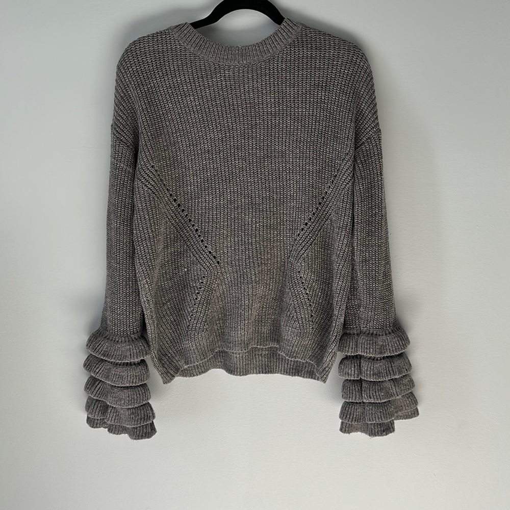 Grey long sleeve sweater with waterfall sleeves
